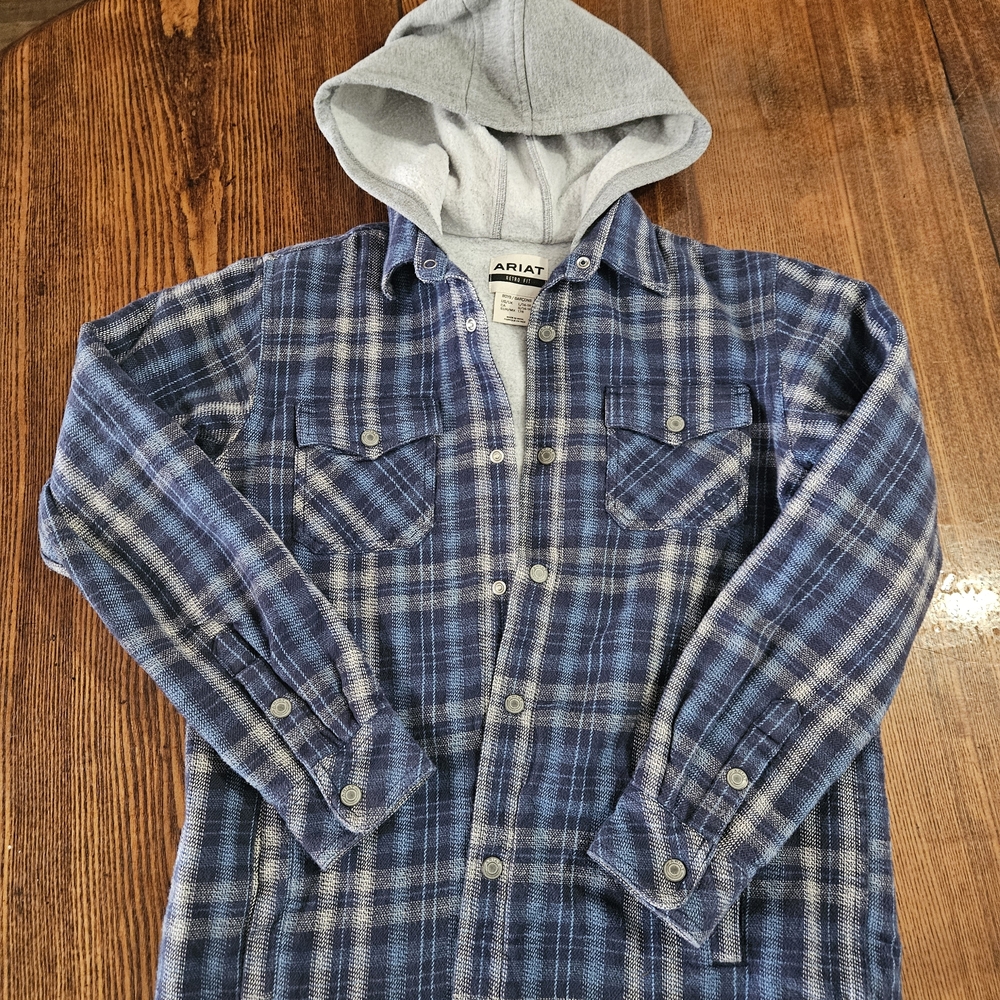 Ariat Blue Plaid Flannel Shirt with Gray Hood